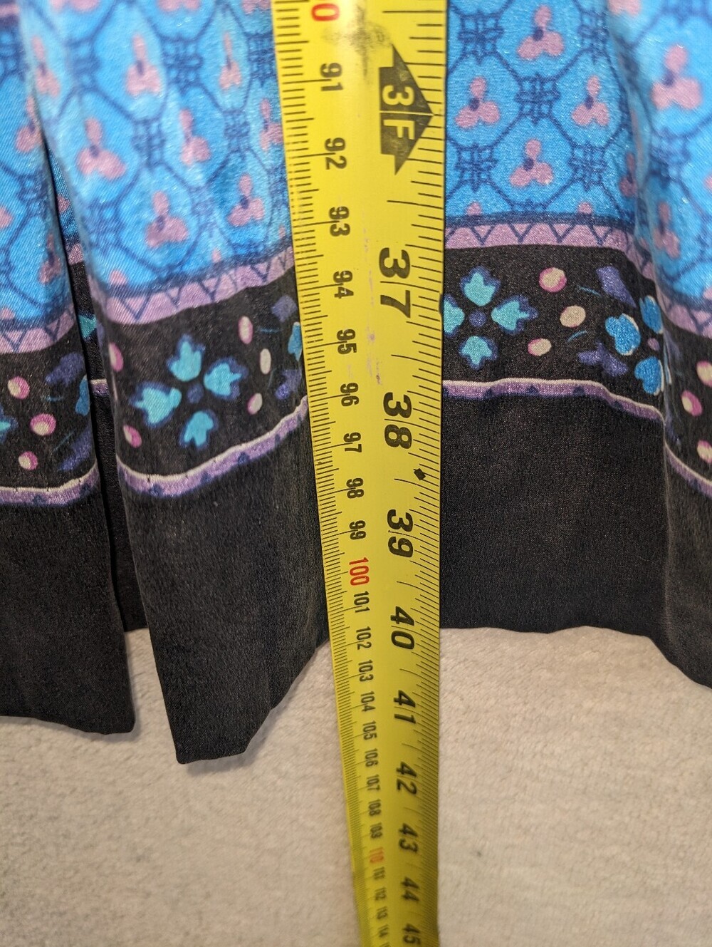 ECI Black V-Neck Midi Dress with Blue & Purple Floral Border Silk Blend Size12 - Picture 12 of 12